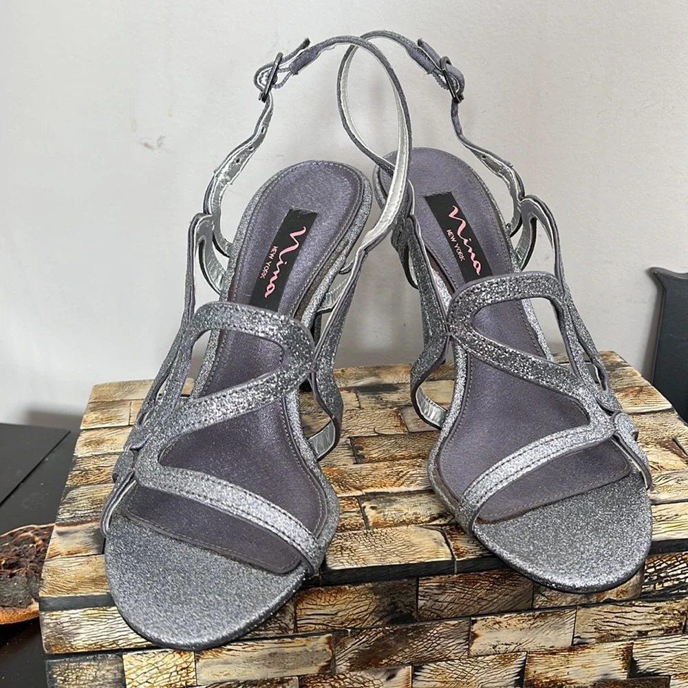 NINA Pewter Glitter Strappy Sling Back Dress Sandals - Size 7 - Picture 13 of 13